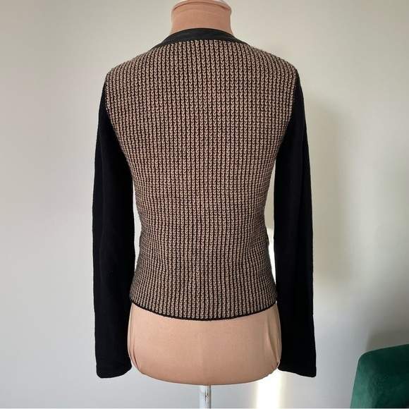 Nanette Lepore Tan Black Wool Knit Leather Trim Full Zip Sweater Jacket Size XS - Picture 3 of 10